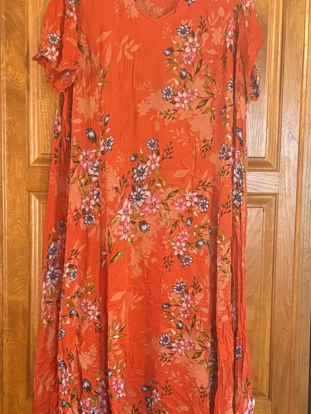 Woman Within Short Sleeve V-Neck Crinkle Orange Floral 22/24